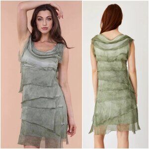 M Made in Italy Silk Dress Multi Layer Ruffled Frayed Green size S Boho Resort